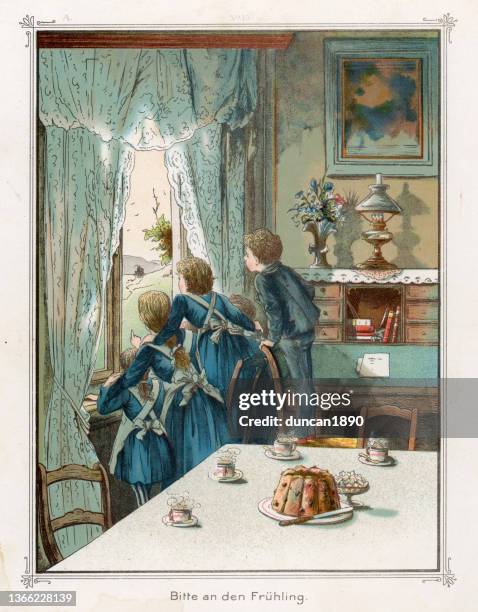 ilustraciones, imágenes clip art, dibujos animados e iconos de stock de niños mirando emocionados por la ventana, pastel y choclate caliente sobre la mesa, victoriano del siglo 19 - siglo xix