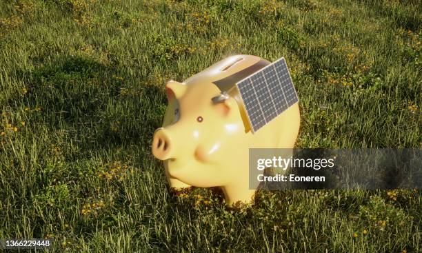 piggy bank with solar panel - solar energy savings stock pictures, royalty-free photos & images