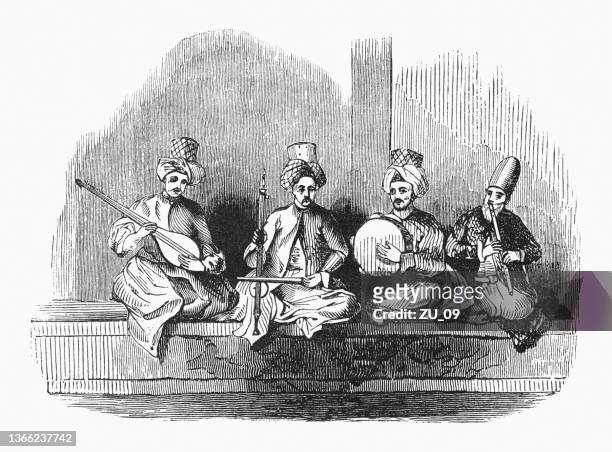 persian musicians in the past, wood engraving, published in 1862 - sitar stock illustrations