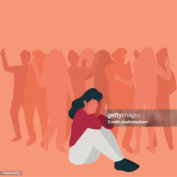 stockillustraties, clipart, cartoons en iconen met sad woman sitting in the crowd - eenzaamheid