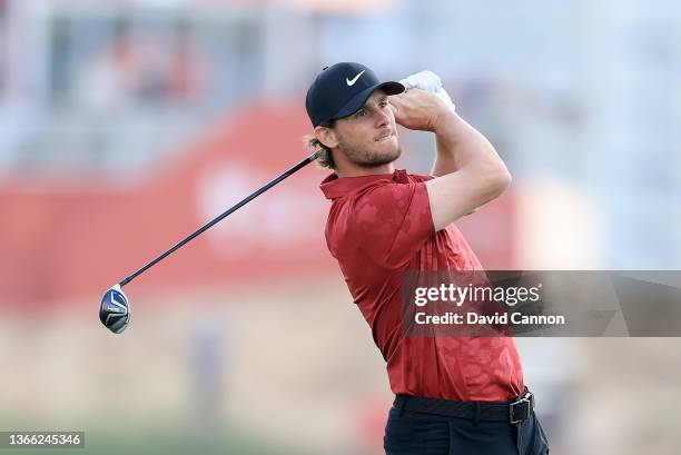 Thomas Pieters of Belgium plays his second shot on the 18th hole during Day Three of the Abu Dhabi HSBC Championship at Yas Links Golf Course on...