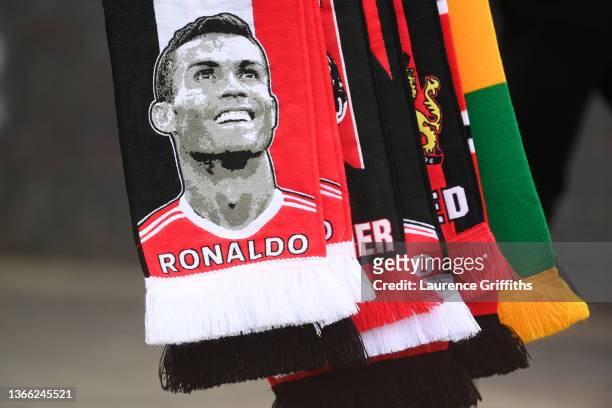 Cristiano Ronaldo merchandise is seen for sale prior outside the stadium prior to the Premier League match between Manchester United and West Ham...