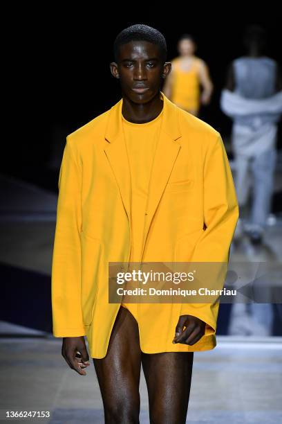 Model walks the runway during the LGN Louis-Gabriel Nouchi Menswear Fall/Winter 2022-2023 show as part of Paris Fashion Week on January 22, 2022 in...