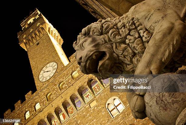 lion statue with palazzo vecchio in florence, italy - palazzo vecchio stock pictures, royalty-free photos & images