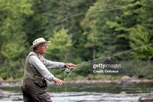 senior man fliegenfischen im fluss in quebec - bass fishing stock-fotos und bilder