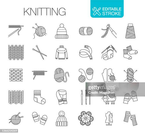 knitting icons set editable stroke - stitch stock illustrations