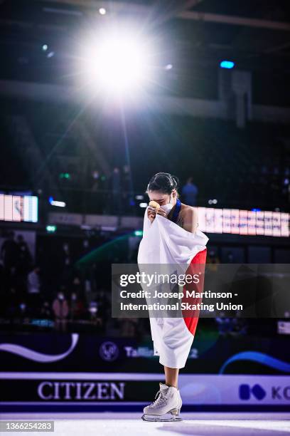 Mai Mihara of Japan reacts in the Women's medal ceremony during the ISU Four Continents Figure Skating Championships at Tondiraba Ice Hall on January...