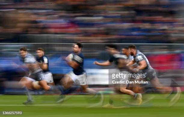 Hugo Keenan of Leinster makes a break during the Heineken Champions Cup match between Bath Rugby and Leinster Rugby at The Recreation Ground on...