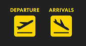 Departure and arrivals yellow signs. Flat vector illustration isolated on black