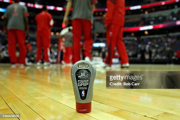 Mission Power Grip sits on the court during the New York Knicks and Washington Wizards game at Verizon Center on January 6, 2012 in Washington, DC....