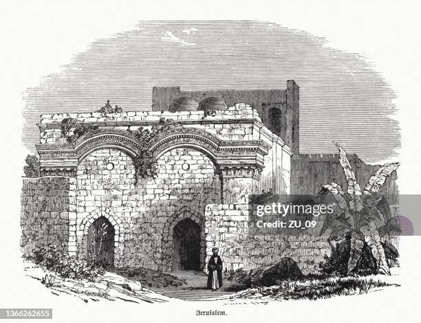 the golden gate in jerusalem, wood engraving, published in 1862 - jerusalem gate stock illustrations