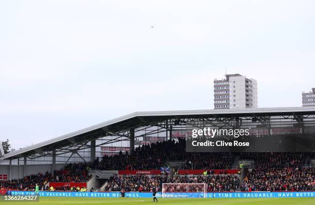 General view inside the stadium as the Match Referee stops play due to a drone being flown above the stadium during the Premier League match between...
