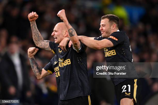 Jonjo Shelvey celebrates with teammate Ryan Fraser of Newcastle after scoring their team's first goal during the Premier League match between Leeds...