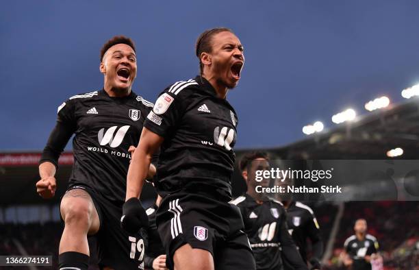 Bobby Reid of Fulham celebrates after scoring his sides third goal during the Sky Bet Championship match between Stoke City and Fulham at Bet365...