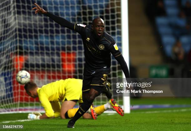 Albert Adomah of Queens Park Rangers celebrates after scoring their side's second goal during the Sky Bet Championship match between Coventry City...