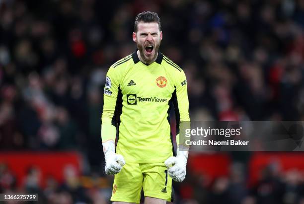 David De Gea of Manchester United celebrates after their sides victory during the Premier League match between Manchester United and West Ham United...
