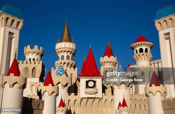 The whimsical castle entrance to Excalibur Hotel & Casino is viewed on January 9, 2022 in Las Vegas, Nevada. Conventions, gamblers, and record gaming...