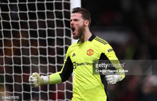 David De Gea of Manchester United celebrates after their sides victory during the Premier League match between Manchester United and West Ham United...