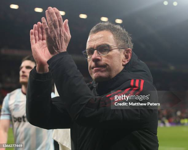 Interim Manager Ralf Rangnick of Manchester United celebrates after the Premier League match between Manchester United and West Ham United at Old...