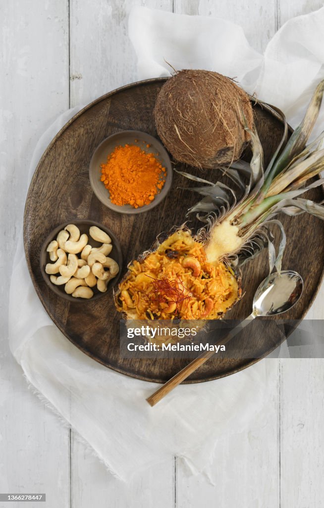 Pineapple fried rice with coconut and cashew nuts
