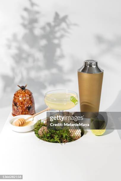 bees knees gin cocktail mixology with honey and lime juice - honey dipper stock pictures, royalty-free photos & images