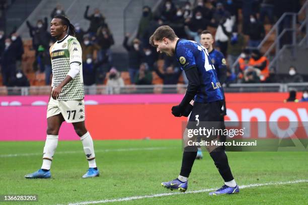 Nicolo Barella of FC Internazionale celebrates after scoring their side's first goal during the Serie A match between FC Internazionale and Venezia...