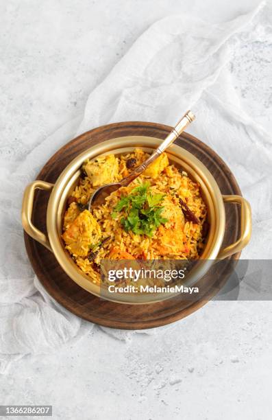 indian tandoori chicken biriyani dish with yellow saffron rice, cashew nuts and pappadum bread - masala stock pictures, royalty-free photos & images