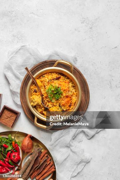 indian tandoori chicken biriyani dish with yellow saffron rice, cashew nuts and pappadum bread - biriyani stockfoto's en -beelden