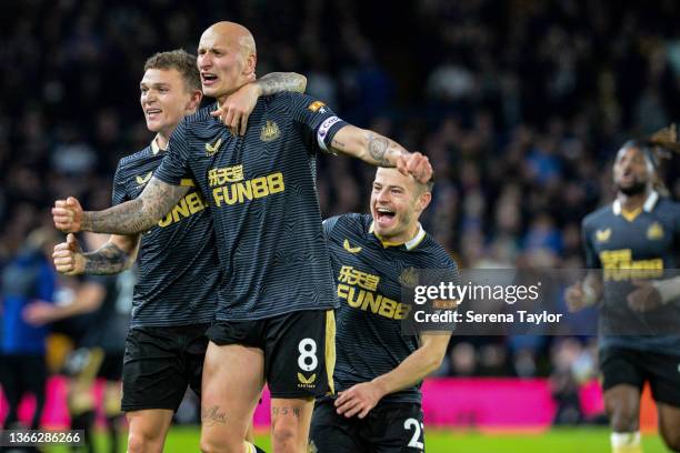 Jonjo Shelvey of Newcastle United FC celebrates after he scores the opening goal during the Premier League match between Leeds United and Newcastle...