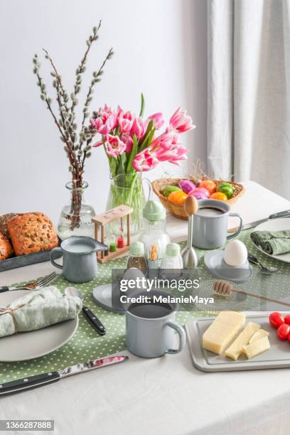 sunday breakfast table setting with eggs, coffee, butter and bread in germany - easter breakfast stock pictures, royalty-free photos & images