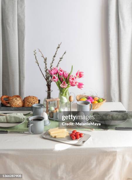 sunday breakfast table setting with eggs, coffee, butter and bread in germany - brunch imagens e fotografias de stock