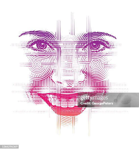 woman's eyes and lips with glitch technique - singing bizarre stock illustrations