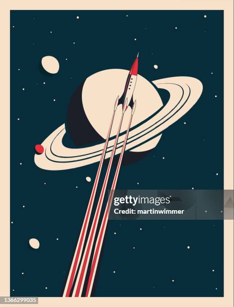 stockillustraties, clipart, cartoons en iconen met vintage rocket poster - ruimte exploratie