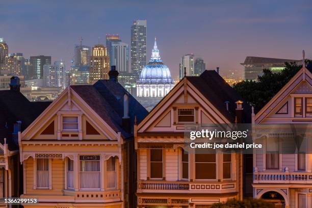 sunset, city hall, painted ladies, san francisco, california, america - san francisco city hall stock pictures, royalty-free photos & images
