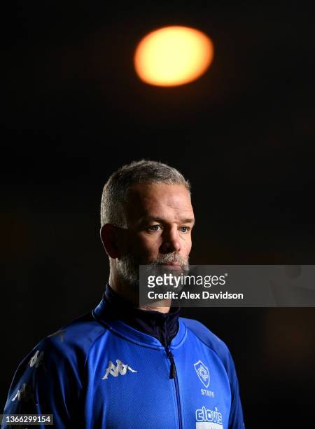 Castres Defence coach, Joe Worsley looks on ahead of the Heineken Champions Cup match between Harlequins and Castres Olympique at The Stoop on...