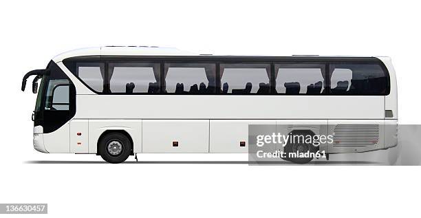 empty white tour bus with no driver or passengers - dubbeldekker bus stockfoto's en -beelden