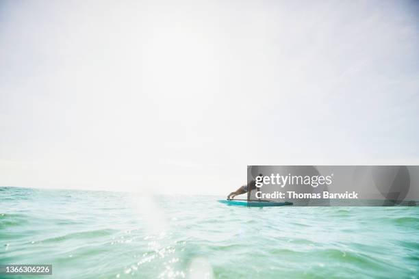 extreme wide shot of woman doing yoga on stand up paddleboard in ocean - practioners enjoy serenity of paddleboard yoga stockfoto's en -beelden