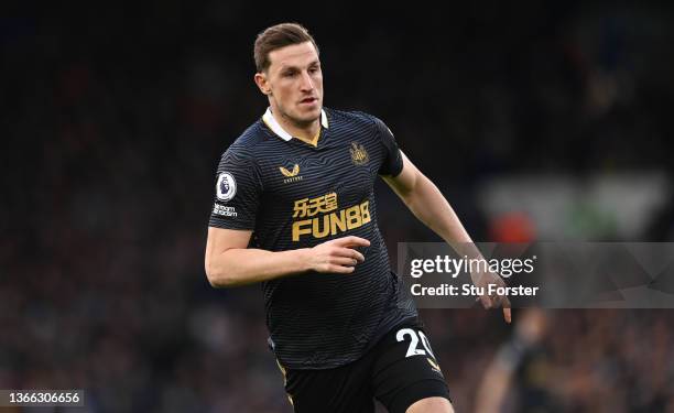 Chris Wood of Newcastle in action during the Premier League match between Leeds United and Newcastle United at Elland Road on January 22, 2022 in...