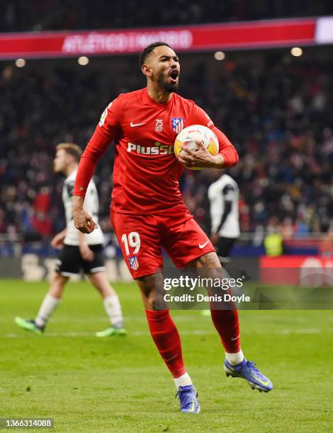 Matheus Cunha of Atletico Madrid celebrates after scoring their team's first goal during the LaLiga Santander match between Club Atletico de Madrid...