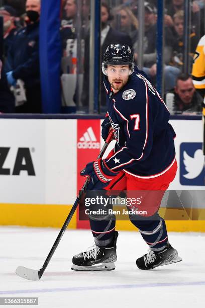 Sean Kuraly of the Columbus Blue Jackets skates during the first period of a game against the Pittsburgh Penguins at Nationwide Arena on January 21,...