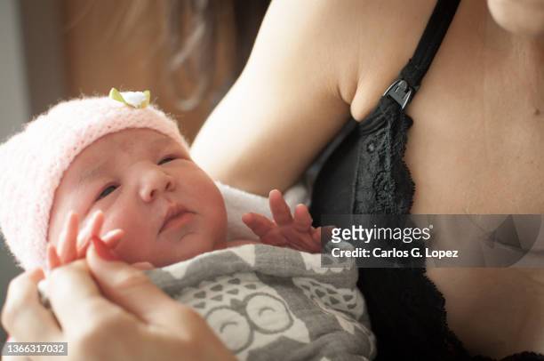 close up of a newborn baby girl wearing a pink woolly hat and wrapped up in a blanket trying to open her eyes while on her mothers arms in a flat in edinburgh, scotland, uk - girls in bras photos stock pictures, royalty-free photos & images