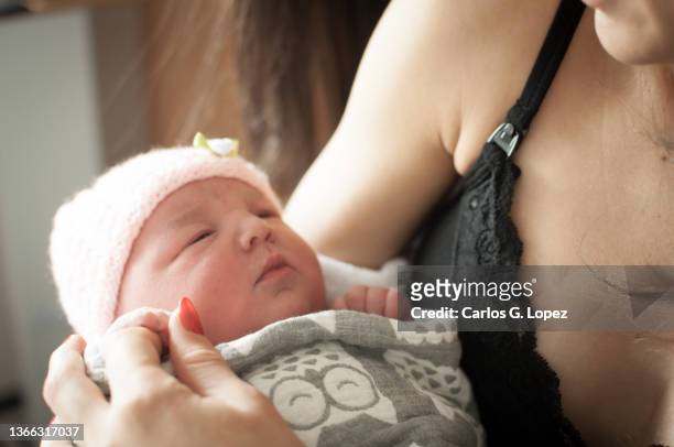 close up of a newborn baby girl wearing a pink woolly hat and wrapped up in a blanket trying to open her eyes while on her mothers arms as she hold her tiny hand in a flat in edinburgh, scotland, uk - girls in bras photos stock pictures, royalty-free photos & images