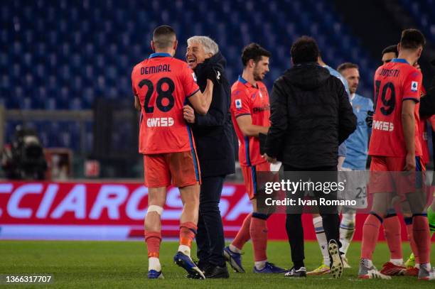 Gian Piero Gasperini manager of Atalanta BC and Merih Demiral of Atalanta BC rejoice after the Serie A match between SS Lazio and Atalanta BC at...