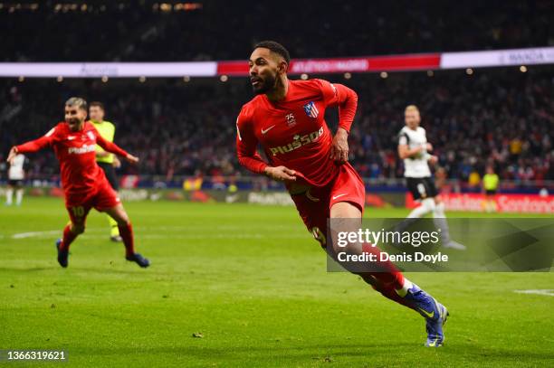 Matheus Cunha of Atletico Madrid celebrates after scoring their team's third goal during the LaLiga Santander match between Club Atletico de Madrid...