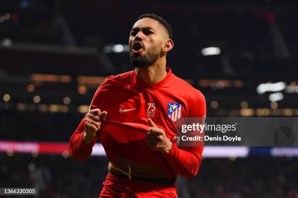 Matheus Cunha of Atletico Madrid celebrates after scoring their team's third goal during the LaLiga Santander match between Club Atletico de Madrid...