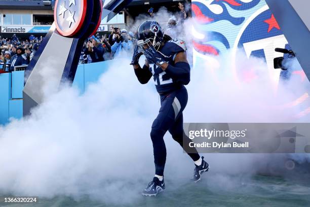 Running back Derrick Henry of the Tennessee Titans is introduced before the start of the AFC Divisional Playoff game against the Cincinnati Bengals...