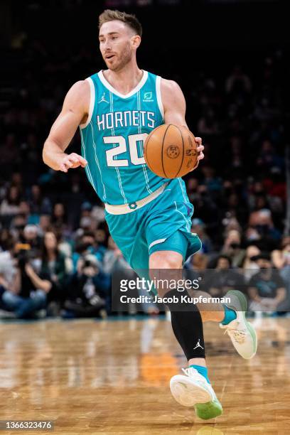 Gordon Hayward of the Charlotte Hornets brings the ball up court against the Oklahoma City Thunder during their game at Spectrum Center on January...