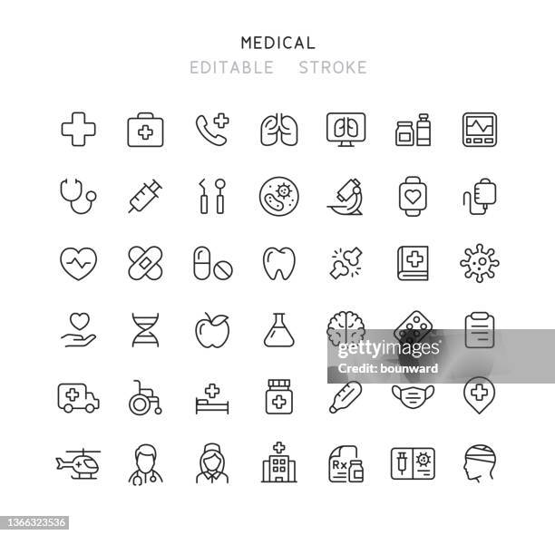 ilustrações, clipart, desenhos animados e ícones de 42 coleção de ícones da linha médica traço editável - clipboard