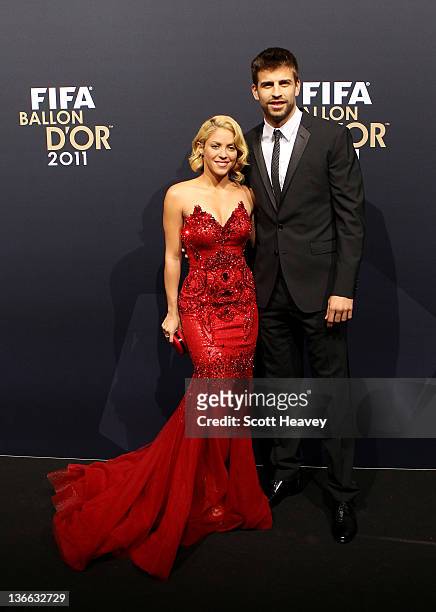 Gerard Pique of Barcelona with Shakira during the red carpet arrivals for the FIFA Ballon d'Or Gala 2011 on January 9, 2012 in Zurich, Switzerland.