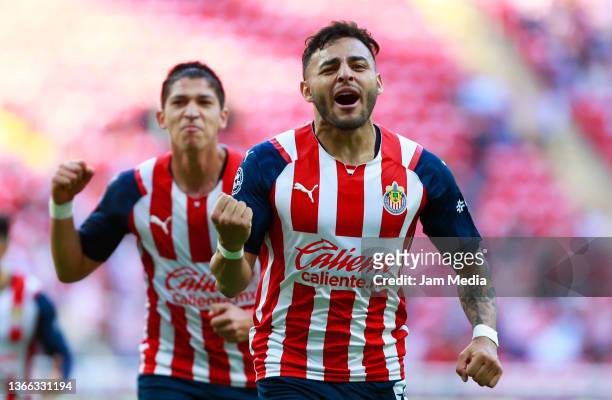 Alexis Vega of Chivas celebrates after scoring his team's first goal during the 3rd round match between Chivas and Queretaro as part of the Torneo...